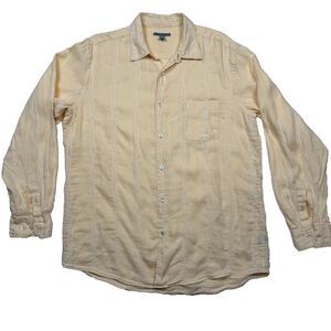 Martin Gordon Mens 100% Linen Yellow Striped Long Sleeve Button Up Shirt, Large